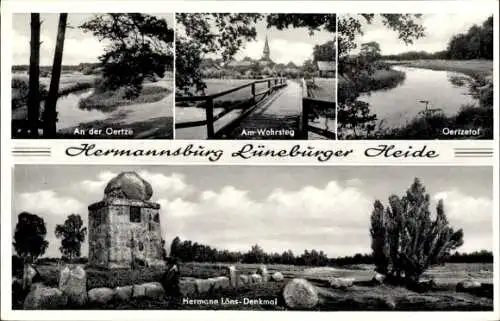 Ak Hermannsburg Südheide in der Lüneburger Heide, Oertze, Wehrsteg, Hermann-Löns-Denkmal