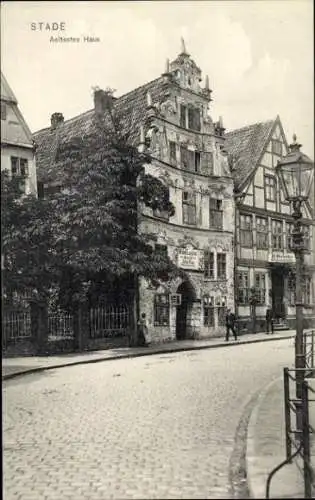 Ak Stade in Niedersachsen, ältestes Haus, Fachwerk, Giebelhaus