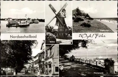 Ak Wyk auf Föhr Nordfriesland, Landungsbrücke, Südstrand, Sandwall, Mühle, Promenade