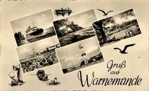 Ak Ostseebad Warnemünde Rostock, Dampfschiff, Strand, Hafen, Leuchtturm