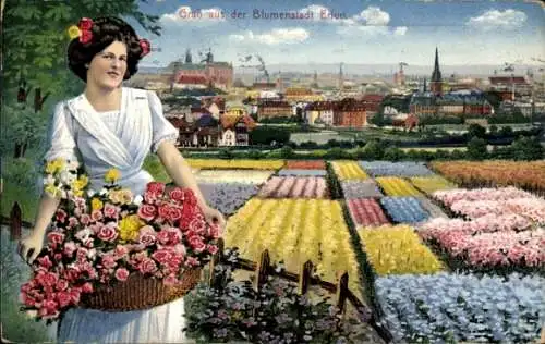 Ak Erfurt in Thüringen, Blumenfeld, Blumenmädchen, Stadt