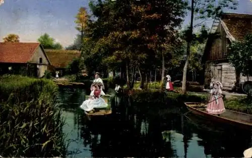 Ak Lehde Lübbenau im Spreewald, Frauen in Spreewälder Tracht, Kähne