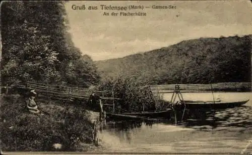 Ak Tiefensee Werneuchen in der Mark, Gamen-See, An der Fischerhütte