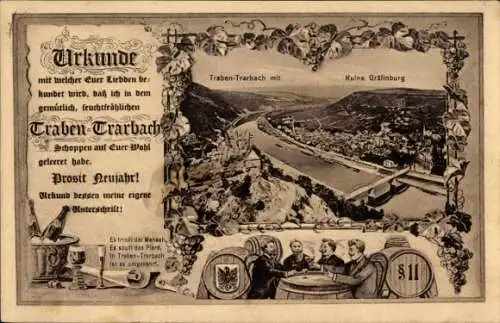 Ak Traben Trarbach an der Mosel, Panorama, Ruine Gräfinburg, Urkunde