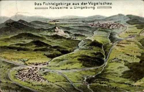 Ak Wunsiedel im Fichtelgebirge Oberfranken, Kösseine und Umgebung, Landkarte, Oberredwitz