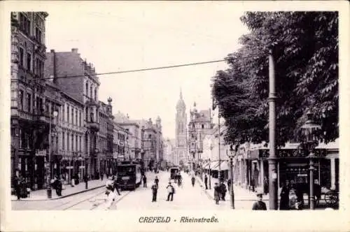 Ak Krefeld am Niederrhein, Rheinstraße, Straßenbahn, Kirchturm