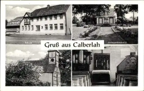 Ak Calberlah in Niedersachsen, Schule, Kriegerdenkmal, Kirche, Außenansicht, Innenraum