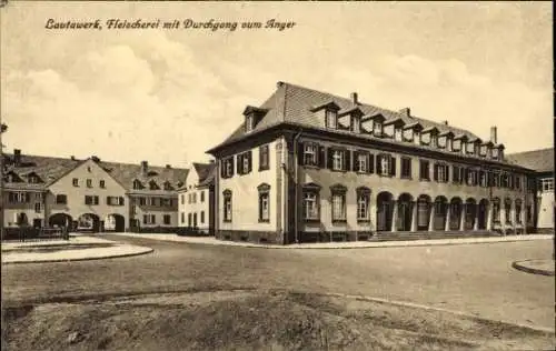 Ak Lautawerk Lauta in der Lausitz, Fleischerei mit Durchgang zum Anger