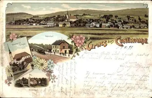 Litho Cunewalde in der Oberlausitz, Panorama, Kirche, Schule, Bahnhof, Rittergut