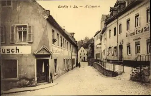 Ak Colditz in Sachsen, Haingasse, Bäckerei Ernst Sch....