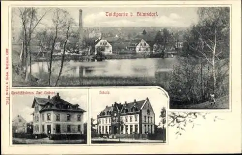 Ak Hilmsdorf Geringswalde in Sachsen, Geschäftshaus Carl Gräser, Schule, Teich