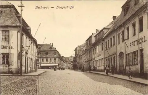 Ak Zschopau im Erzgebirge Sachsen, Langestraße, Apotheke, Börse