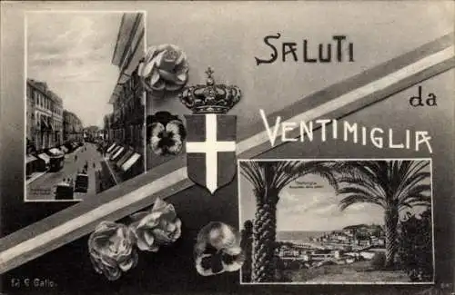 Passepartout Ak Ventimiglia Liguria, Panorama dalle palme, Via, Wappen