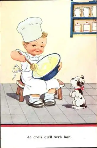 Künstler Ak Wills, John, Bäcker rührt Teig, Hund