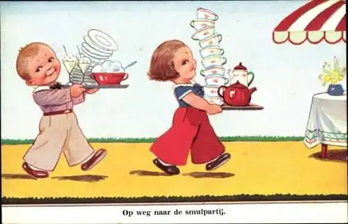 Künstler Ak Wills, John, Kinder tragen Tabletts mit Geschirr