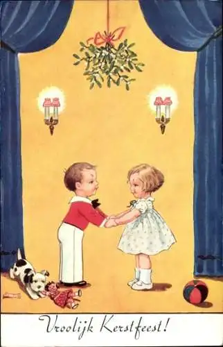 Künstler Ak Wills, John, Weihnachten, Junge und Mädchen stehen unterm Mistelzweig