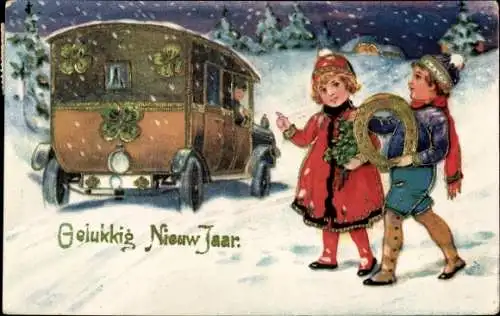 Ak Glückwunsch Neujahr, Kinder, Wagen, Hufeisen, Glücksklee
