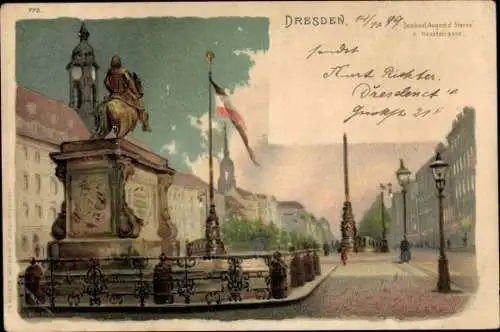 Litho Dresden Neustadt, Denkmal August d. Starke, Hauptstraße