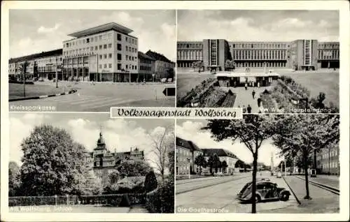 Ak Wolfsburg in Niedersachsen, Volkswagenstadt, Kreissparkasse, Alt Wolfsburg. Schloss, Goethestraße
