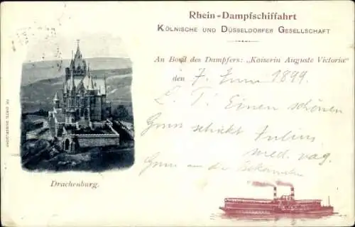 Ak Königswinter am Rhein, Drachenburg, Kölnisch Düsseldorfer Gesellschaft, Dampfer