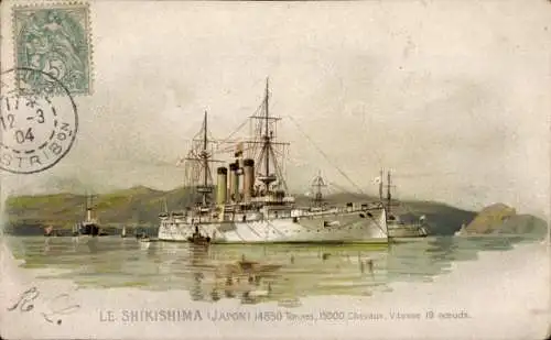 Litho Japanisches Kriegsschiff, Shikishima, Kaiserlich Japanische Marine