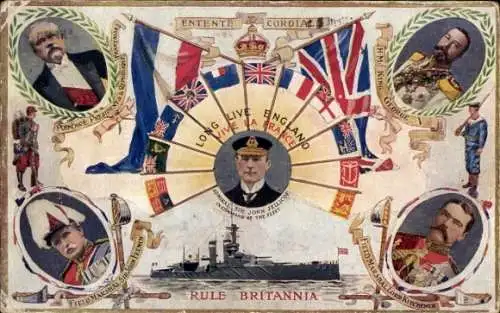 Passepartout Ak Britisches Kriegsschiff, George V, Lord Kitchener, Raymond Poincare, John French