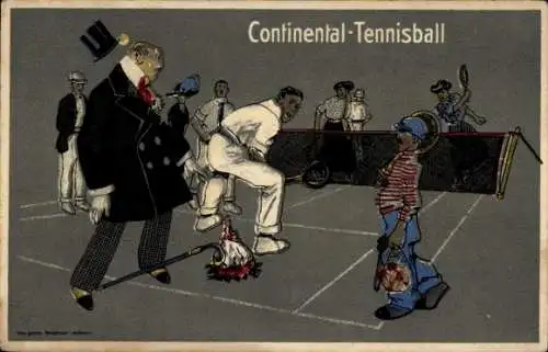 Ak Continental Tennisball, Tennisspiel, Mann mit Blumenstrauß kriegt den Ball ab