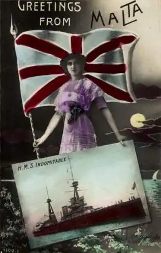 Passepartout Ak Malta, Britisches Kriegsschiff, HMS Indomitable