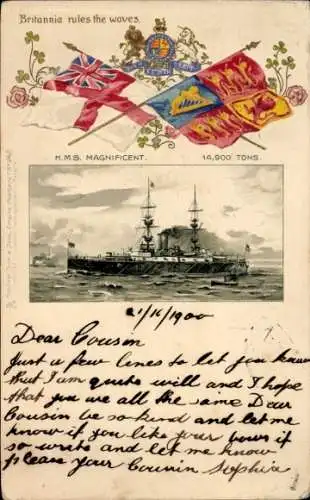 Präge Litho Britisches Kriegsschiff, HMS Magnificent, Royal Navy