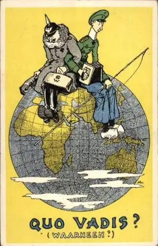 Ak Quo Vadis, Waarheen, Kaiser Wilhelm II. und Kronprinz Wilhelm von Preußen im Exil, Karikatur