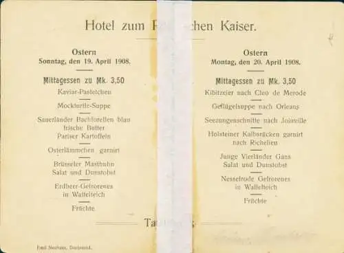 Klapp Ak Dortmund, Hotel zum Römischen Kaiser, Speisefolge Ostern 1908