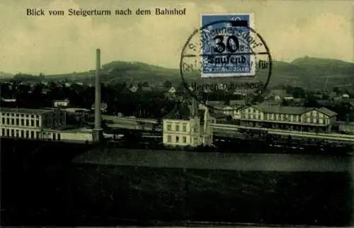Ak Seifhennersdorf in der Oberlausitz Sachsen, Blick vom Steigerturm, Bahnhof, Gleisseite