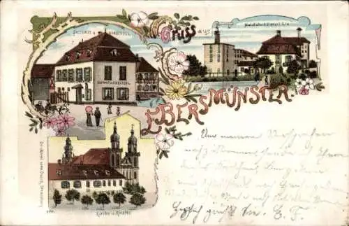 Litho Ebersmunster Ebersmünster Elsass Bas Rhin, Gasthaus zum Schlüssel, Malzfabrik, Kirche, Kloster