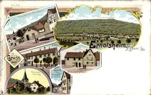 Litho Ernolsheim Bruche Bas Rhin, Totalansicht, Wirtschaft zum Rappen, Pfarrhaus, Kirche