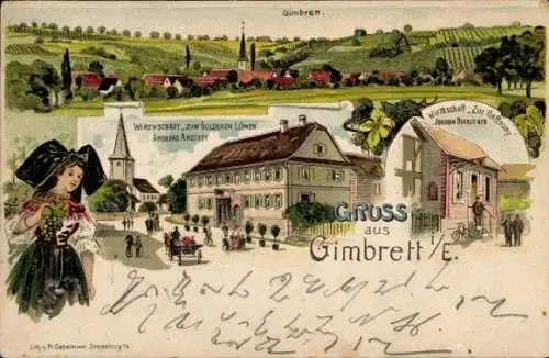 Litho Gimbrett Berstett Elsass Bas Rhin, Wirtschaft zum Goldenen Löwen, Zur Hoffnung, Tracht