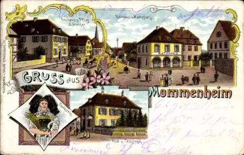 Litho Mommenheim Elsass Elsass Bas Rhin, Postamt, Tracht, Gasthaus zum Pflug, Rathaus