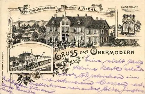 Litho Obermodern Zutzendorf Elsass Bas Rhin, Bahnhof, Gleisseite, Restauration zum Bahnhof, Tracht