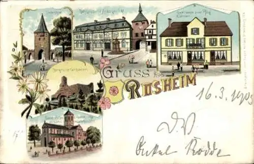 Litho Rosheim Elsass Bas Rhin, Gasthaus zum Pflug, Amtsgericht, Burgruine Girbaden