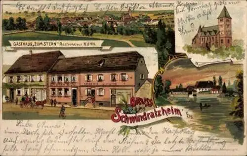 Litho Schwindratzheim Elsass Bas Rhin, Gasthaus zum Stern, Inh. Kuhn, Kirche