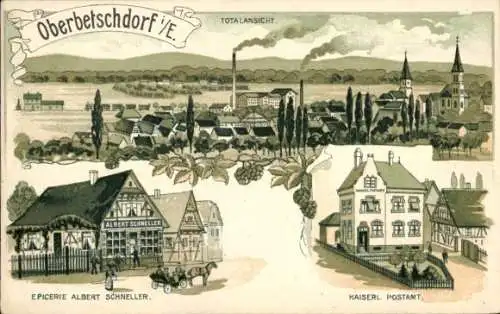 Litho Oberbetschdorf Betschdorf Elsass Bas Rhin, Geschäft, Postamt, Totalansicht
