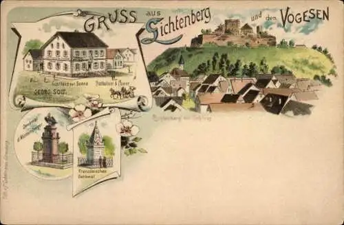 Litho Lichtenberg Elsass Bas Rhin, Gasthaus zur Sonne, Denkmal der Württemberger, Schloss