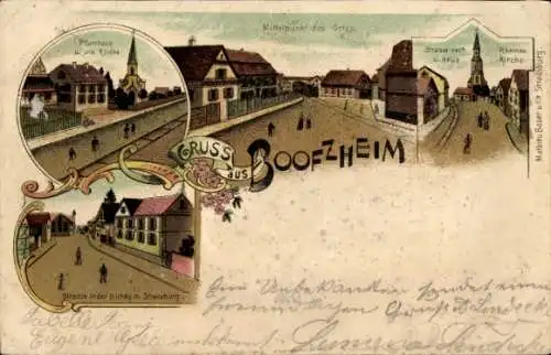Litho Boofzheim Elsass Bas Rhin, Pfarrhaus, Kirche, Ortsansichten