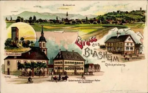 Litho Blaesheim Bläsheim Elsass Bas Rhin, Schule, Gastwirtschaft zum Goldenen Adler, Glöckelsberg