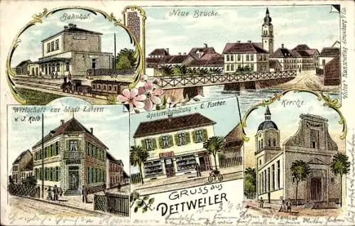 Litho Dettwiller Dettweiler Elsass Bas Rhin, Bahnhof, Gleisseite, Wirtschaft zur Stadt Zabern