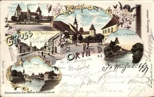 Litho Orth an der Donau Niederösterreich, Schloss, Fadenbach, Kirche, Schule, Frauensäule