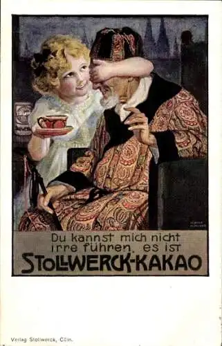 Künstler Ak Kind hält Mann im Morgenmantel die Augen zu, Reklame, Stollwerck Kakao