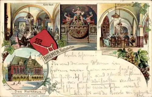Wappen Litho Hansestadt Bremen, Gasthaus Ratskeller, Rathaus, Innenansicht
