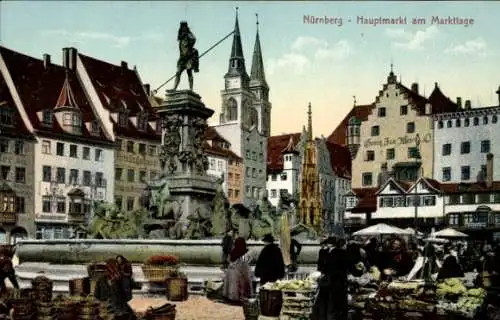 Ak Nürnberg, Blick auf den Hauptmarkt am Markttag