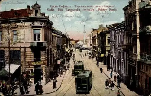 Ak Sofia Bulgarien, Prince Boris, Rue Targovska, Straßenbahn 22