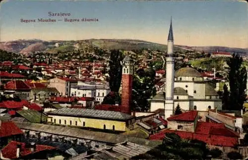 Ak Sarajevo Bosnien Herzegowina, Begova Moschee, Minarett, Stadtpanorama